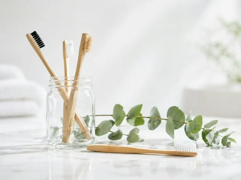 Bamboo toothbrushes in a glass jar beside eucalyptus leaves